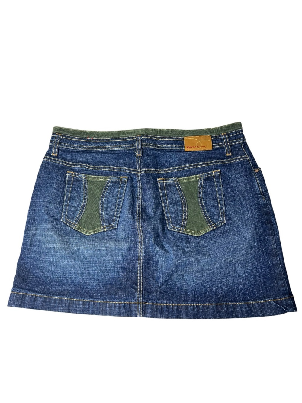 Kama Vintage Mini Denim Jean Skirt With Green Corduroy Trim Size 13